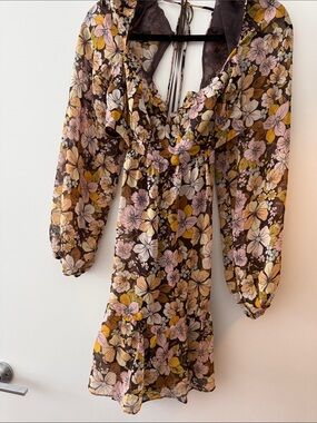 Astr Floral Long-Sleeve Mini Dress in Brown, Pink, Yellow